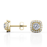 Basket Prong Setting 1.10 Carat Round Certified Moissanite and Diamond Halo Pave Stud Earrings in Yellow Gold