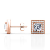 Art Deco 4 Prong 1.10 Carat Princess Cut Certified Moissanite and Diamond Surface Prong Ear Studs in Rose Gold