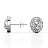 Milgrain 4 Claw 1.10 Carat Oval Cut Certified Moissanite and Diamond Surface Prong Pave Stud Earrings in White Gold