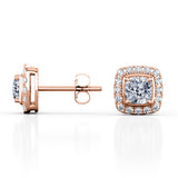 Four Prong 1.10 Carat Cushion Cut Certified Moissanite and Diamond French Pave Under Halo Ear Studs in White Gold