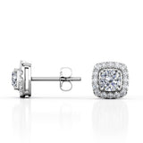 Basket Prong Setting 1.10 Carat Round Certified Moissanite and Diamond Halo Pave Stud Earrings in Yellow Gold