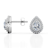 Art Deco 0.95 CT TDW Pear Shape Diamond Double Halo Micro Pave Ear Studs in Yellow Gold