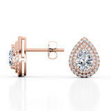Art Deco 0.95 CT TDW Pear Shape Diamond Double Halo Micro Pave Ear Studs in Yellow Gold