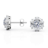 6 Prong 1.25 Carat Round Certified Moissanite and Diamond Hexagonal Halo Stud Earrings in White Gold