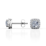 Double Prong 0.60 CT TDW Cushion Cut Certified Lab Diamond Micro Pave Halo Stud Earrings in White Gold