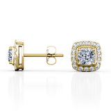 Four Prong 1.10 Carat Cushion Cut Certified Moissanite and Diamond French Pave Under Halo Ear Studs in White Gold