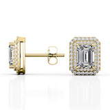 Basket Set Double Halo 1.20 CT TDW Emerald Cut Diamond Ear Studs in White Gold for Women