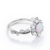 Floral Halo 0.7 carat Round Opal and Diamond Engagement Ring in White Gold