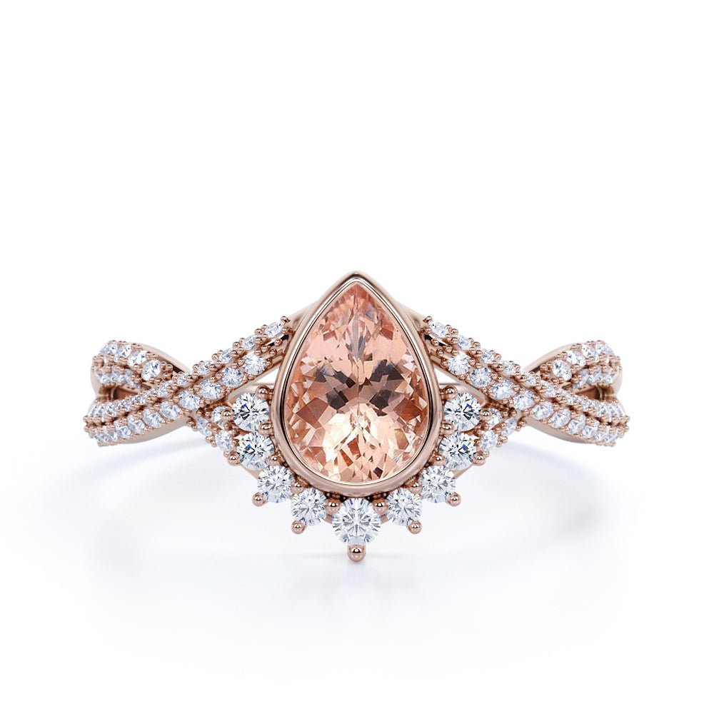 Contour 1.75 Carat Teardrop Pink Peach Morganite and Diamond Antique Infinity Engagement Ring in Rose Gold
