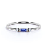 Horizontal Baguette Cut Royal Blue Sapphire and Diamond Dainty Stackable Ring Band in White Gold