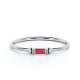 Horizontal Baguette Cut Lab Ruby and Diamond Dainty Stackable Ring Band in White Gold