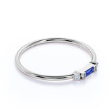 Horizontal Baguette Cut Royal Blue Sapphire and Diamond Dainty Stackable Ring Band in White Gold