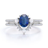 Freshwater Pearl 2 Carat Oval Blue Sapphire and Diamond Shared Prong Bridal Set in White Gold
