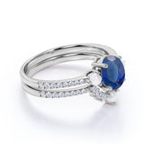 Freshwater Pearl 2 Carat Oval Blue Sapphire and Diamond Shared Prong Bridal Set in White Gold