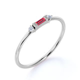 Horizontal Baguette Cut Lab Ruby and Diamond Dainty Stackable Ring Band in White Gold