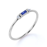 Horizontal Baguette Cut Royal Blue Sapphire and Diamond Dainty Stackable Ring Band in White Gold