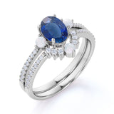Freshwater Pearl 2 Carat Oval Blue Sapphire and Diamond Shared Prong Bridal Set in White Gold