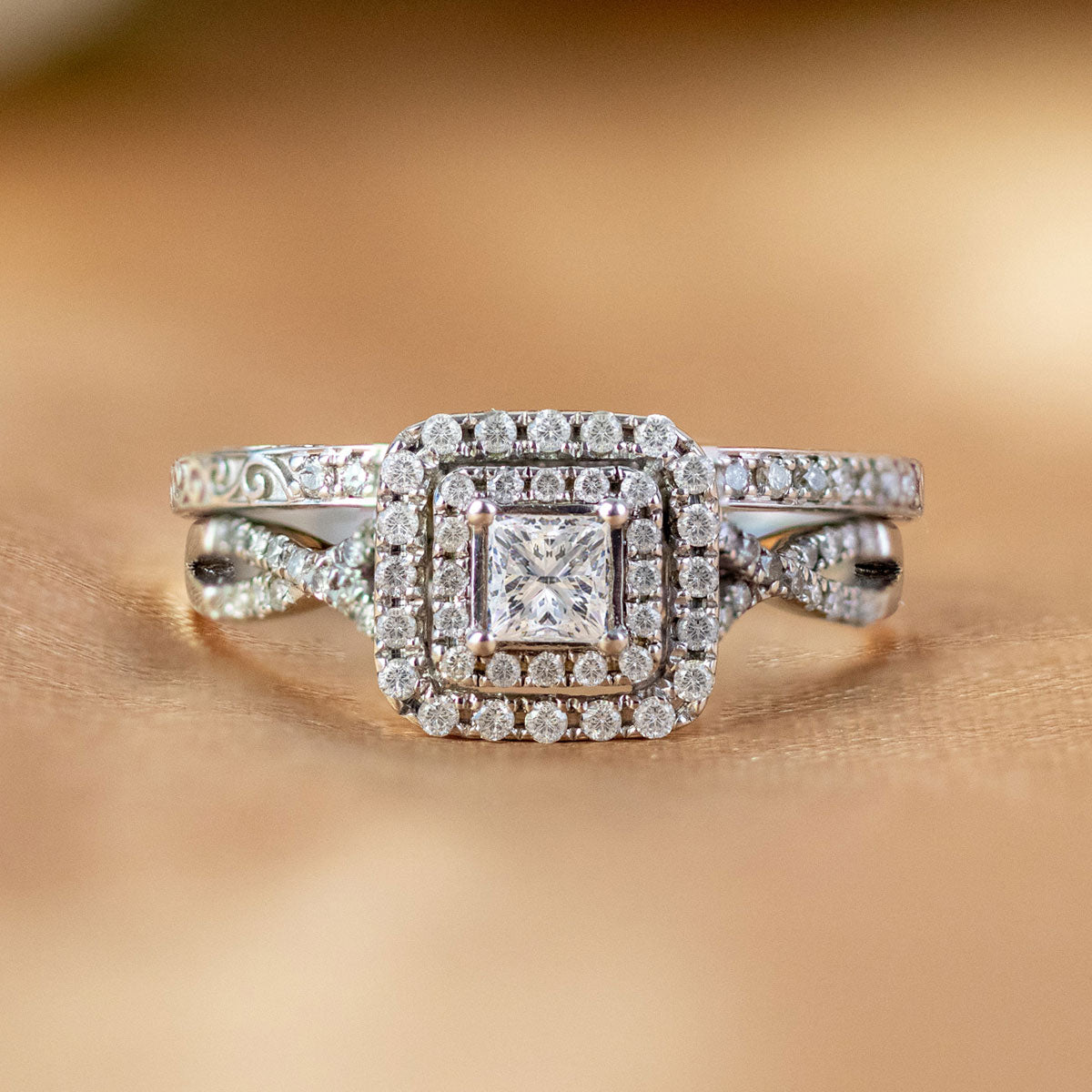 1.25 ct - Square Diamond - Double Halo - Twisted Band - Vintage Inspired -  Pave - Wedding Ring Set in 10K White Gold