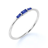 Minimalist 3 Stone Baguette Cut Cornflower Blue Sapphire and Shared Prong Stackable Ring Band in White Gold