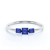 Dainty Trio Stone 0.75 Carat Baguette Cut Dark Blue Sapphire and Vintage Stackable Ring Band in White Gold