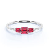 Dainty Trio Stone 0.75 Carat Baguette Cut Ruby and Vintage Stackable Ring Band in White Gold