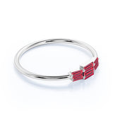 Dainty Trio Stone 0.75 Carat Baguette Cut Ruby and Vintage Stackable Ring Band in White Gold