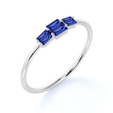 Dainty Trio Stone 0.75 Carat Baguette Cut Dark Blue Sapphire and Vintage Stackable Ring Band in White Gold