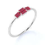 Dainty Trio Stone 0.75 Carat Baguette Cut Ruby and Vintage Stackable Ring Band in White Gold