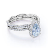 Art Deco 1.75 Carat Pear Cut Aquamarine and Moissanite Infinity Wedding Ring Set in 18k White Gold over Silver