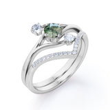 Three Stone Ring Twig-Inspired with 0.7 carat Round Moss Agate and Moissanite Wedding Ring Set in Rose Gold