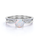 1.75 ct Real Round Opal and Moissanite Bridal Ring Set in 18K White Gold over Silver