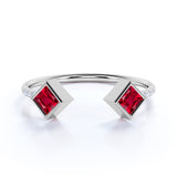 Free Size 0.82 Carat Square Lab Ruby and Dainty Diamond Open Stackable Ring Band in White Gold