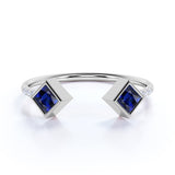 Free Size 0.82 Carat Square Teal Blue Sapphire and Dainty Diamond Open Stackable Ring Band in White Gold