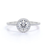 1.50 carat Round Brilliant Moissanite Halo Engagement Ring in 18k White Gold over Silver
