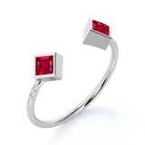 Free Size 0.82 Carat Square Lab Ruby and Dainty Diamond Open Stackable Ring Band in White Gold