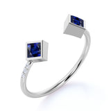 Free Size 0.82 Carat Square Teal Blue Sapphire and Dainty Diamond Open Stackable Ring Band in White Gold