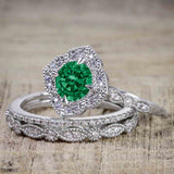 2.25 Carat Round Emerald and Moissanite Vintage Wedding Trio Ring Set in 18k White Gold over Silver