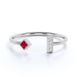 Petite Princess Cut Lab Ruby and Diamond Adjustable Stackable Ring Band in White Gold
