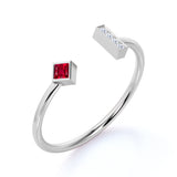 Petite Princess Cut Lab Ruby and Diamond Adjustable Stackable Ring Band in White Gold