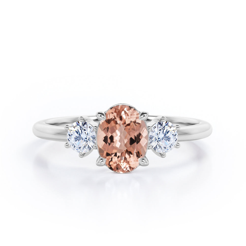 Simple Trio Stone 0.8 carat Oval Morganite and Diamond Engagement Ring in Rose Gold