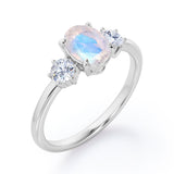 Simple Trio Stone 0.8 carat Oval Moonstone and Diamond Engagement Ring in Rose Gold
