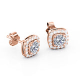 Basket Prong Setting 1.10 Carat Round Certified Moissanite and Diamond Halo Pave Stud Earrings in Yellow Gold