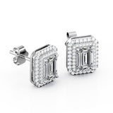 Basket Set Double Halo 1.20 CT TDW Emerald Cut Diamond Ear Studs in White Gold for Women