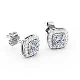 Basket Prong Setting 1.10 Carat Round Certified Moissanite and Diamond Halo Pave Stud Earrings in Yellow Gold