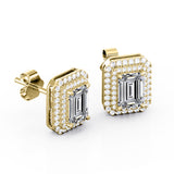 Basket Set Double Halo 1.20 CT TDW Emerald Cut Diamond Ear Studs in White Gold for Women