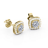 Basket Prong Setting 1.10 Carat Round Certified Moissanite and Diamond Halo Pave Stud Earrings in Yellow Gold