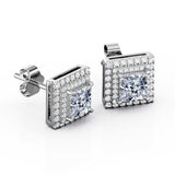 4 Prong Setting 1.20 Carat Princess Cut Certified Moissanite and Diamond Double Halo Encrusted Stud Earrings in White Gold