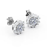 6 Prong 1.25 Carat Round Certified Moissanite and Diamond Hexagonal Halo Stud Earrings in White Gold