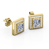Art Deco 4 Prong 1.10 Carat Princess Cut Certified Moissanite and Diamond Surface Prong Ear Studs in Rose Gold