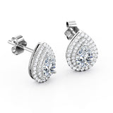 Art Deco 0.95 CT TDW Pear Shape Diamond Double Halo Micro Pave Ear Studs in Yellow Gold